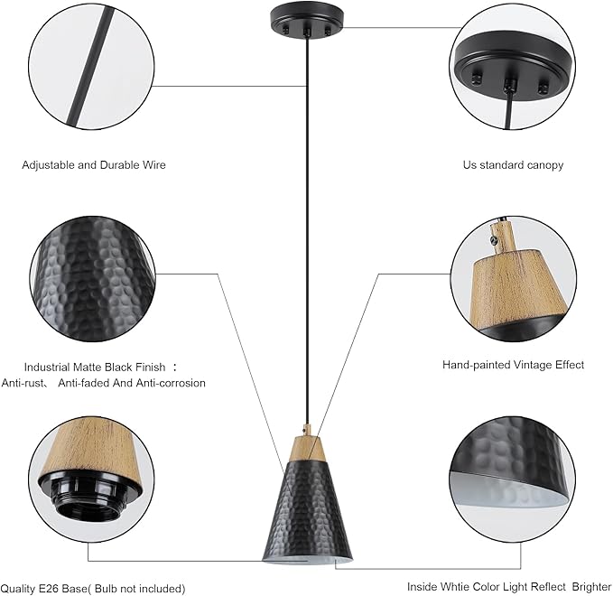 Dijiahua Black Kitchen Pendant Lighting Over Island 3 Pack,Small Modern Farmhouse Chandeliers with Hammered Metal Cone Shade,Mini Industrial Adjustable Cord Hanging Ceiling Lamp Fixtures Over Sink