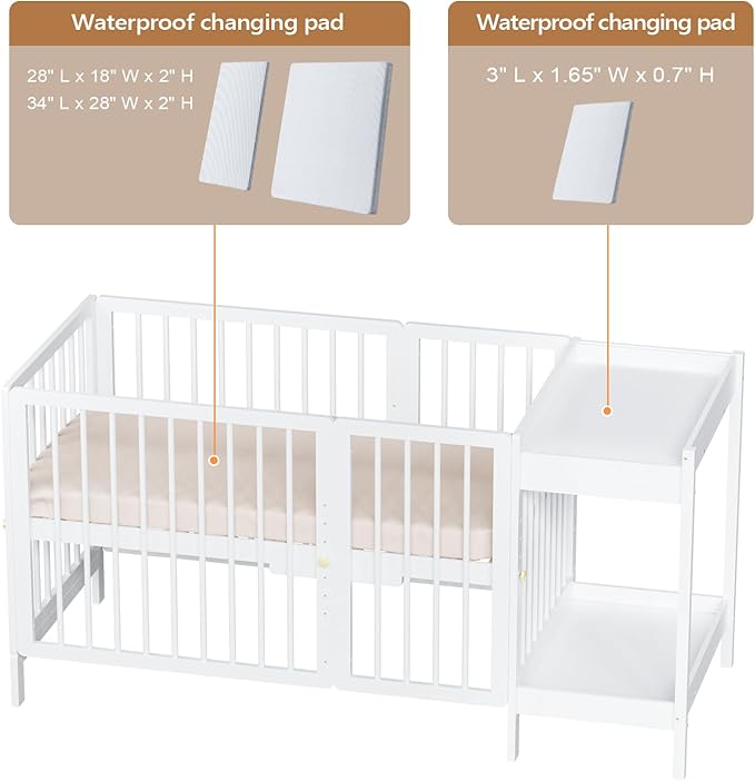 JOYMOR 8 in 1 Convertible Crib with Changer, Include 2” Mattress, Converts to Bassinet, Mid Crib, Full Size Crib, Daybed,Toddler Bed and Playard (Crib with Changer, White)