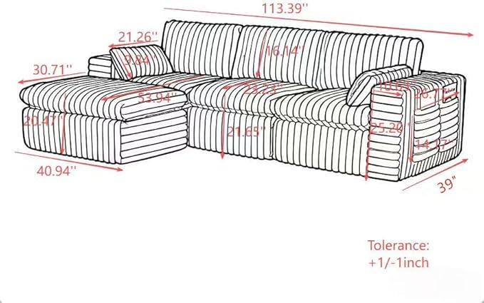 KEIKI 113'' Space-Saving Modular Sectional Sofa with Ottoman, Cloud-Like Ribbed Chenille Couch with Cup Holder & Storage Bag, Indoor Chaise Lounge Sofa Bed Alternative for Apartments & Modern Spaces