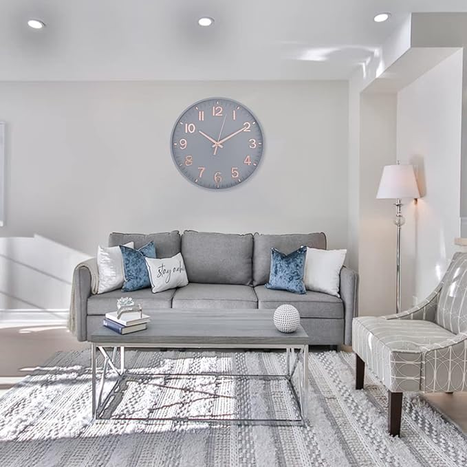 HZDHCLH Modern Wall Clocks Battery Operated,12 inch Silent Non Ticking Round Quartz Clock for Wall,3D Numbers Wall Clock for Kitchen Bedroom Living Room Office Classroom Decor (Grey-Rosegold)