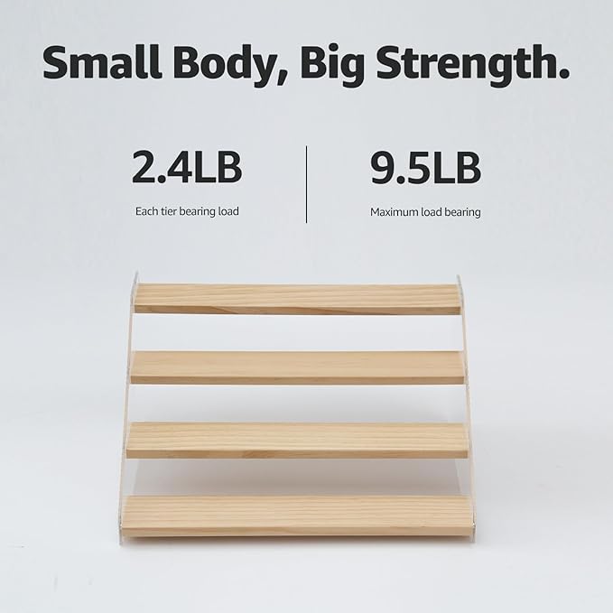 nianfeng Tiered Spice Rack, 4-Tier Spice Pantry Kitchen Cabinet Organizer, 12-Inch, Natural Wood Acrylic Stair Riser Stand, Countertop Seasoning Shelf