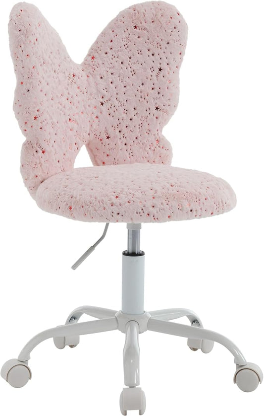 Butterfly Kids Desk Chair Girls Students Study Chair Adjustable Computer Chairs Furry Swivel Office Child Reading Chairs for Home/Bedroom/School/Dorm, Pink