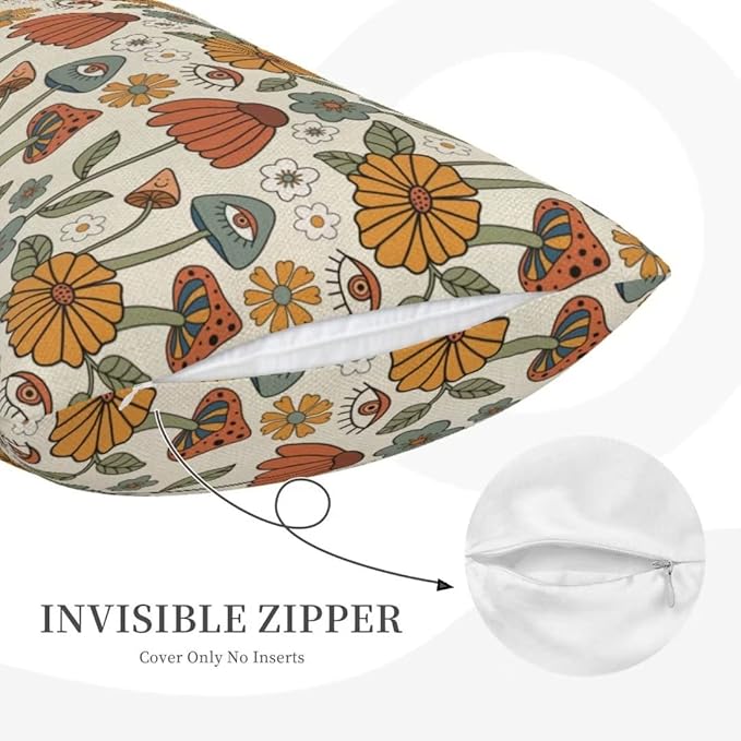 BETGINY Boho Throw Pillow Covers 12x20 Set of 2, Yellow Orange Fun Cute Mushrooms Retro Decorative Outdoor Pillow Covers 70s Vintage Floral Linen Farmhouse for Couch Sofa Summer Home Decor