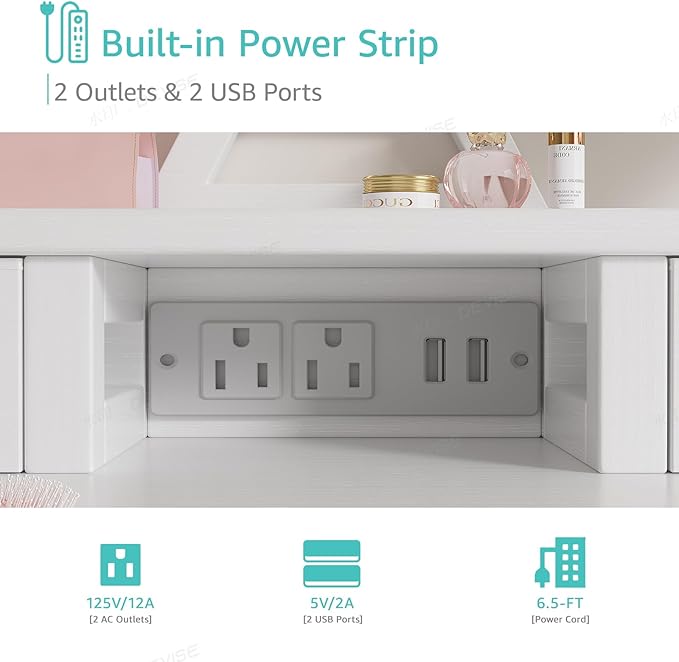 White Makeup Vanity Desk with Mirror and Lights, Vanity Set with Chair, Make Up Dresser Table with Drawers and Power Outlet for Girls Bedroom Small Space