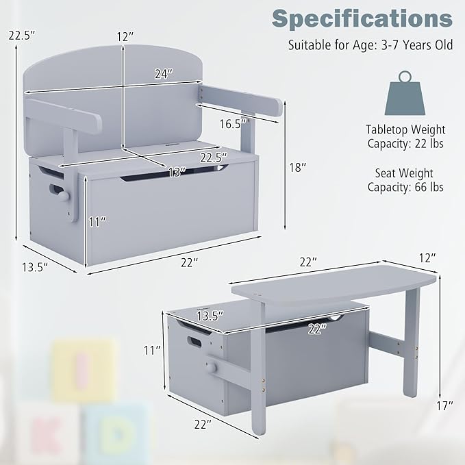 Costzon Kids Table and Chair Set, Convertible Toy Storage Bench with Built-in Handle for Kindergarten, Preschool, Kids Room, Playroom, Wood Reading Nook for Toddler Boys Girls Ages 3 to 7 (Grey)