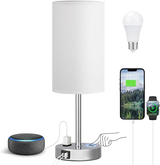 Touch Bedside Lamp - White, 3-Way Dimmable, USB A + C Charging, AC Outlet, 17.4inch Medium