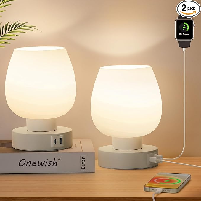 Touch Bedside Table Lamp Set of 2 - Modern Nightstand with USB-C&A Charging, 3-Way Dimmable LED Desk Lamp, White Opal Glass Shade