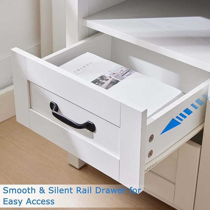 Farmhouse Nightstand with Charging Station & Drawers, White Wood Bedside Table, End Table with 2 Storage Drawers & USB Ports for Bedroom, Dorm, White