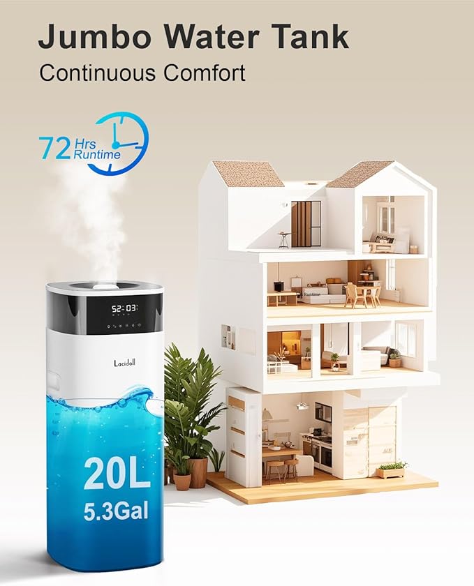 Humidifier Large Room 5.3Gal/20L - Cool and Warm Mist Humidifiers for Home 2000 sq ft, Air Humidifiers for Bedroom with Diffuser&Extended Tube, Whole House Humidifiers for Nursery Baby Plants