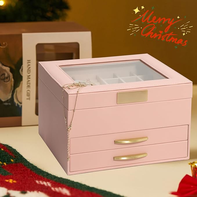 Jewelry Holder Organizer,3 Tiers Leather Jewelry Set Box with 2 Drawers,Jewelry Box for Women Girls,Large Capacity Jewelry Holder Box (Pink)