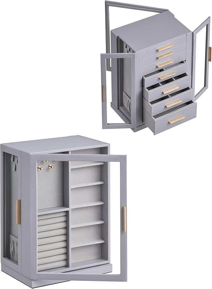 360° Rotating Jewelry Box with 7 Drawers, Spacious Vertical Jewelry Organizer with Glass Window, Jewelry Storage Case, Dustproof & Moisture-resistant Design, Grey