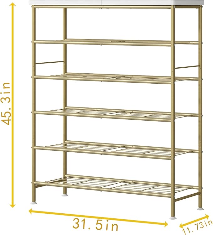 Shoe Rack Organizer 6 Tier for Closet Entryway Free Standing Metal Storage Shoe Shelf with MDF Top Board，Gold