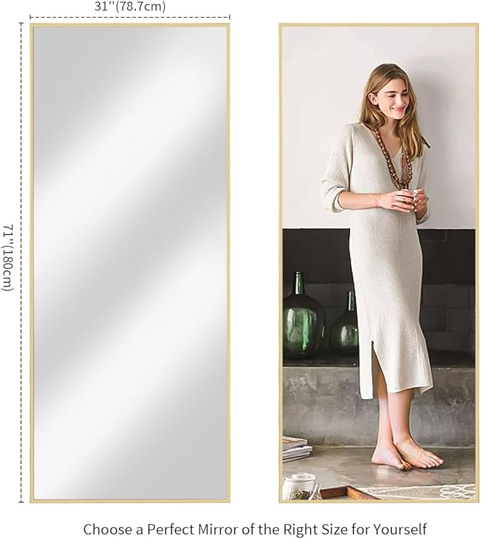 Koonmi 71"x31" Floor Mirror Full Length, Bedroom Floor Body Mirror with Stand, Large Gold Mirror, Leaning, Standing or Hanging Horizontally/Vertically