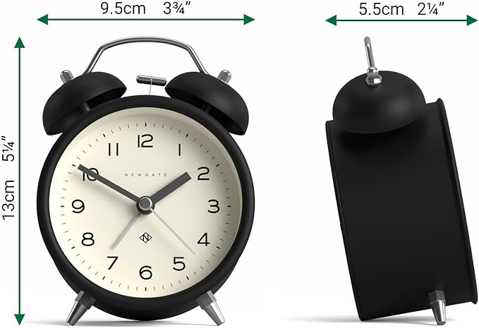 NEWGATE® Charlie Bell Echo Alarm Clock | Modern take on Classic Twin Bell Clock | Black | Easy to Read Numbers | Ideal for Bedside, Desk or Shelf | Modern Retro Bedroom & Office Accessory
