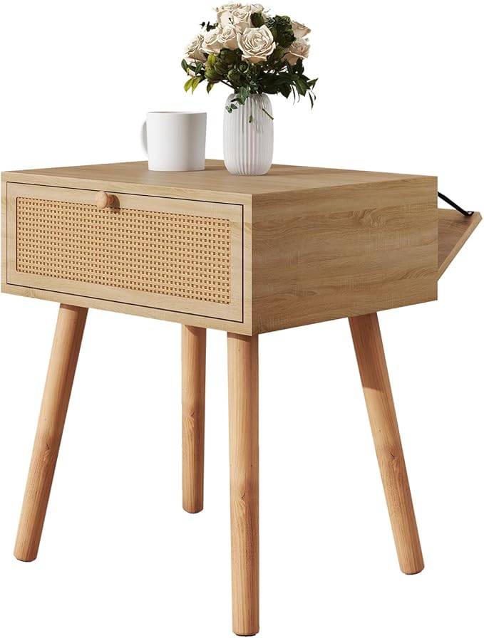 IBUYKE Hidden Compartment Nightstands, Rattan Nightstand with Wood Legs, Boho Side Table Concealment Furniture, Bedside End Table for Bedroom, Easy Assembly, Natural UWNS010N