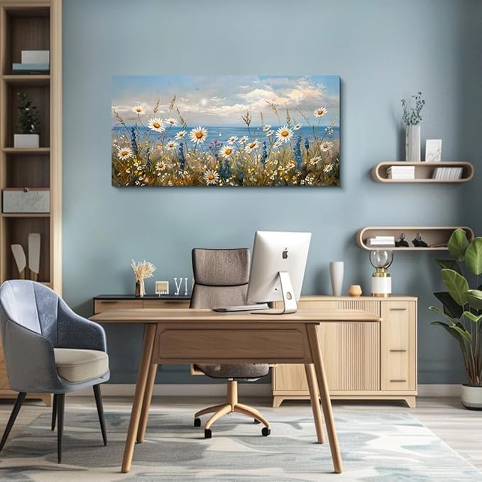 Wapluam Blue Ocean Canvas Wall Art for Living Room Wall Decor For Bedroom Bathroom Decoration Natural Seascape Painting Modern Office Wildflowers Artwork Large Pictures Home Decor Ready To Hang