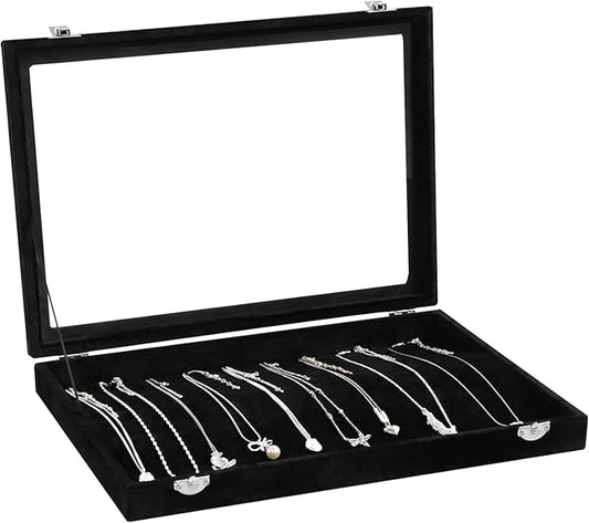 Wudygirl Jewelry Organizer Necklace Organizer Box 20 Hooks Necklaces Holder Display Case Black Velvet Jewelry Organizer with Clear Lid(Black Necklace Tray)