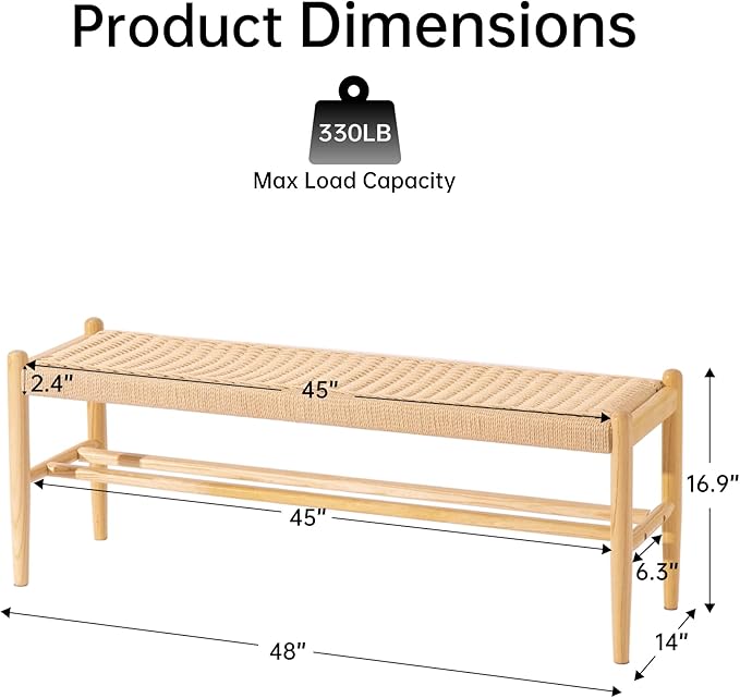 Solid Wood Entryway Bench with Shoe Storage, Rustic Oak and Woven Design 45 Inch Long Seating for Living and Dining Rooms, Natural