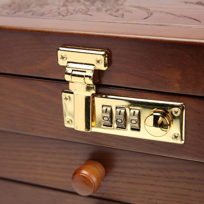 FEECOZ Wooden Jewelry Box for Women, Jewelry Storage Box with Combo Lock for Jewelries, Necklaces, Rings, Vintage Style 4-drawer Organizer Box with Mirror (Dark Brown)
