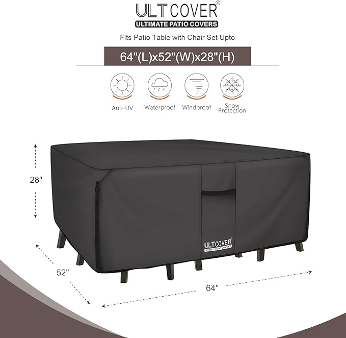 ULTCOVER 600D Tough Canvas Heavy Duty Rectangular Patio Table and Chair Cover - Waterproof Outdoor General Purpose Furniture Covers 64Lx52Wx28H inch, Black