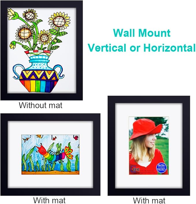 RPJC 8x10 inch Picture Frames Made of Solid Wood and High Definition Glass Display Pictures 5x7 with Mat or 8x10 Without Mat for Wall Mounting Photo Frame Black