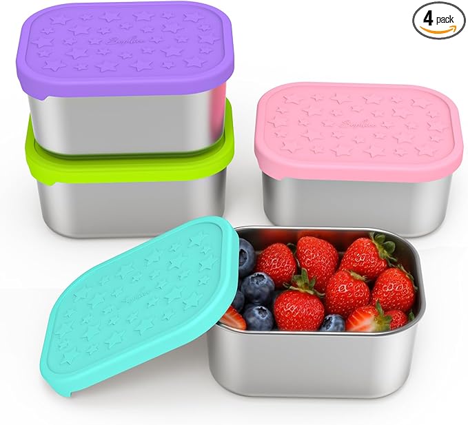 SOPHICO Stainless Steel 14 OZ Snack Containers for Kids，Food Storage Container with Silicone Lid - Perfect 304 Metal Toddler Lunch Box for Daycare and School, Leak Proof (MIX, 4 PACK)