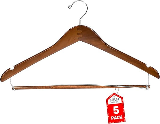 DEILSY™ Suit Hangers for Men with Open Bar 5 Pack Premium Brown Wooden Coat Hangers Pants Durable Suit for Closet Organization - Jacket Hanger Wood Clothes