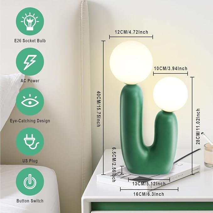 Nightstand Lamps, Modern Cactus Lamp, Dimmable Resin Table Lamp, Suitable for Living Room, Bedroom, Bedside Table (Green)