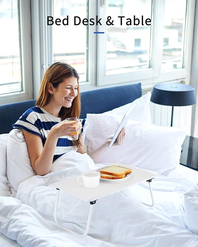 Folding Lap Desk, Ruxury Laptop Stand Bed Desk Table Tray, Breakfast Serving Tray, Portable & Lightweight Mini Table for Sofa Couch Floor - White