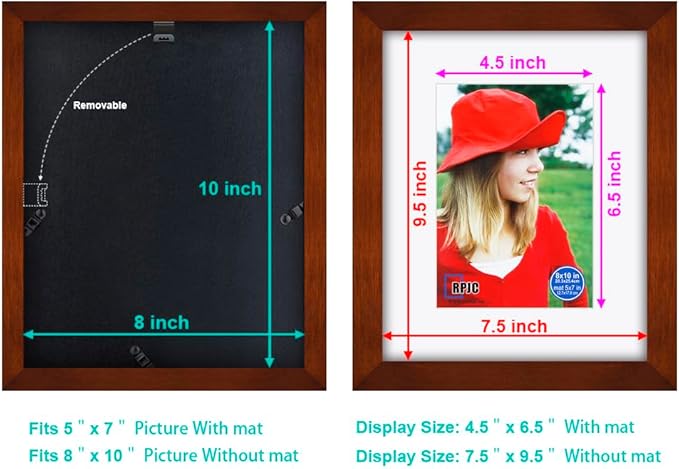 RPJC 8x10 inch Pictures Frame Made of Solid Wood and High Definition Glass Display Pictures 5x7 with Mat or 8x10 Without Mat for Wall Mounting Photo Frame Brown