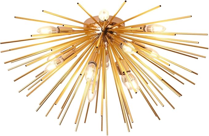Jaycomey Sputnik Ceiling Light Fixtures, Mid-Century 12 Lights Gold Firework Ceiling Light, Modern Semi Flush Mount Ceiling Lamp for Bedroom Living Dining Room, E12, Dia 29.5 Inch
