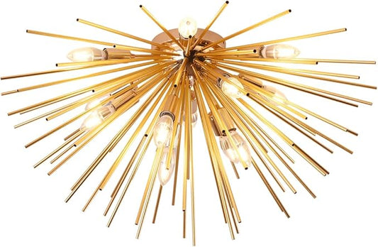 Jaycomey Sputnik Ceiling Light Fixtures, Mid-Century 12 Lights Gold Firework Ceiling Light, Modern Semi Flush Mount Ceiling Lamp for Bedroom Living Dining Room, E12, Dia 29.5 Inch