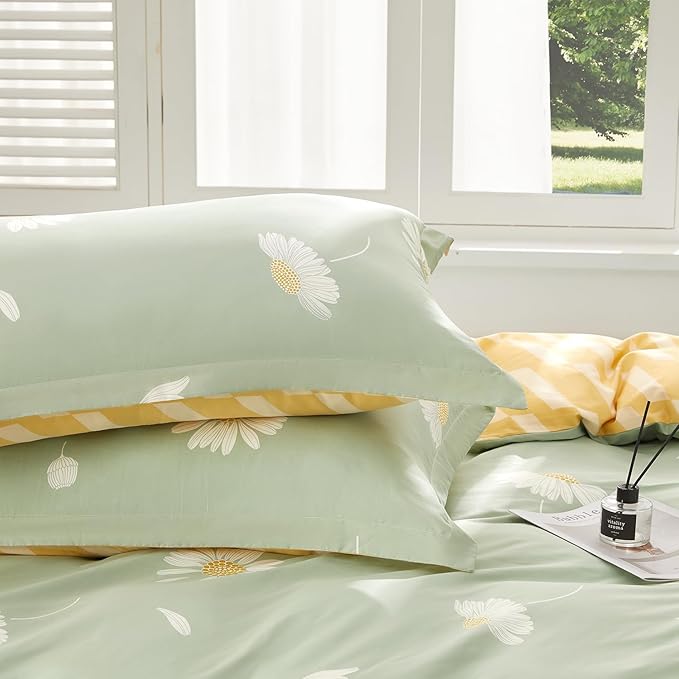 SAPHREAS White Daisy Floral Duvet Cover Set Twin Size 2pcs Light Green Bedding Comforter Cover Set 100% 1 Duvet Cover 68"x90" 1 Pillow Sham, Comforter Not Included