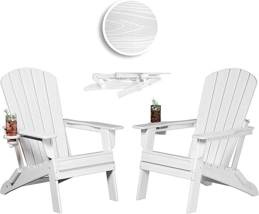 Plawdlik Folding Adirondack Chair, SGS Tested, Wooden Textured with Cup Holder, Heavy All-Weather HDPE Comfortable Set Poolside Backyard Lawn White Set 2