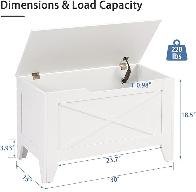 VECELO 30" Farmhouse Style Storage Bench, Entryway Shoe Ottoman, with Handwoven Cushion, with Metal Safety Hinges, for Bedroom, Living Room, Entryway, White