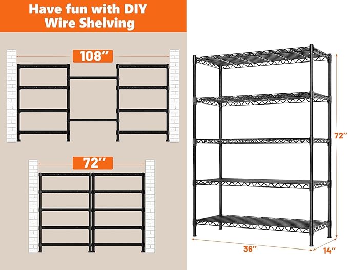 REIBII 5-Shelf Wire Shelving,Storage Shelves Metal Shelves for Storage,72’’H Adjustable Garage Shelving Heavy Duty Storage Rack Pantry Shelf Kitchen Shelving,72’’H X36’’W X14’’D