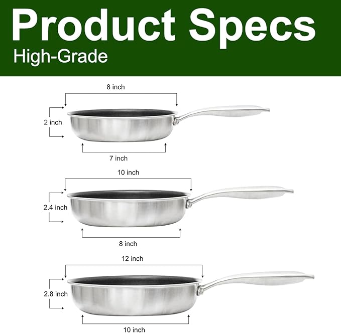 AUDANNE Nonstick Frying Pan Set Stainless Steel with Lid 6 Piece, 8 inch &10 inch & 12 inch Non Stick Fry Skillet PFOA Free, Oven Safe Non-stick Teflon Coated Induction Cooking Kichen Cookware