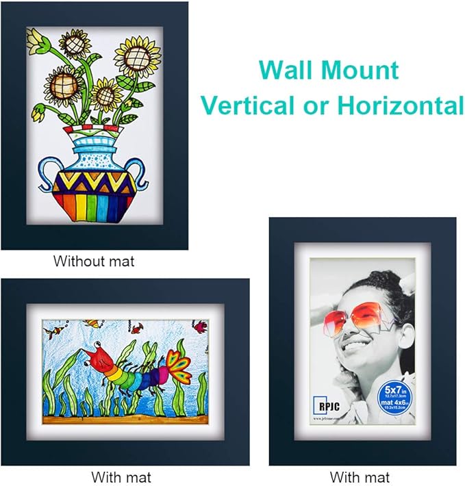 RPJC 5x7 inch Picture Frame Made of Solid Wood and High Definition Glass Display Picture 4x6 with Mat or 5x7 Without Mat for Wall Mounting Photo Frames Jazz Blue
