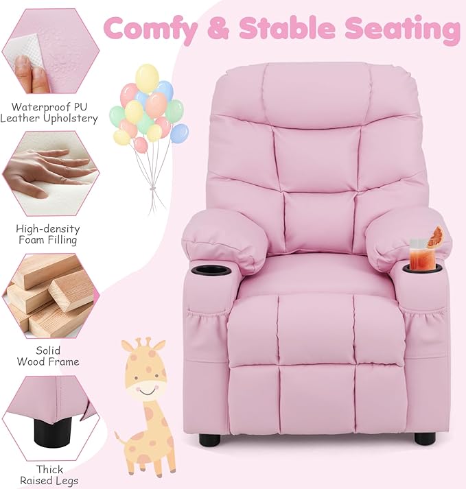 GLACER Kids Recliner Chair w/Cup Holder & Side Pockets, Children Recliner w/Comfortable Backrest, Armrests & Footrest, Toddler PU Leather Recliner for Boys Girls, 3+ Age Group (Pink)