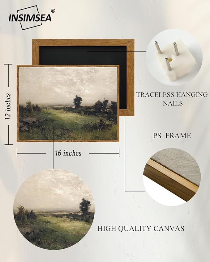 InSimSea Framed Canvas Wall Art Vintage Decor, Wilderness Landscape Painting Pictures for Bedroom Wall Decor, Vintage Wall Art for Living Room, Wall Art Farmhouse Dining Room Decor, 12"x16"