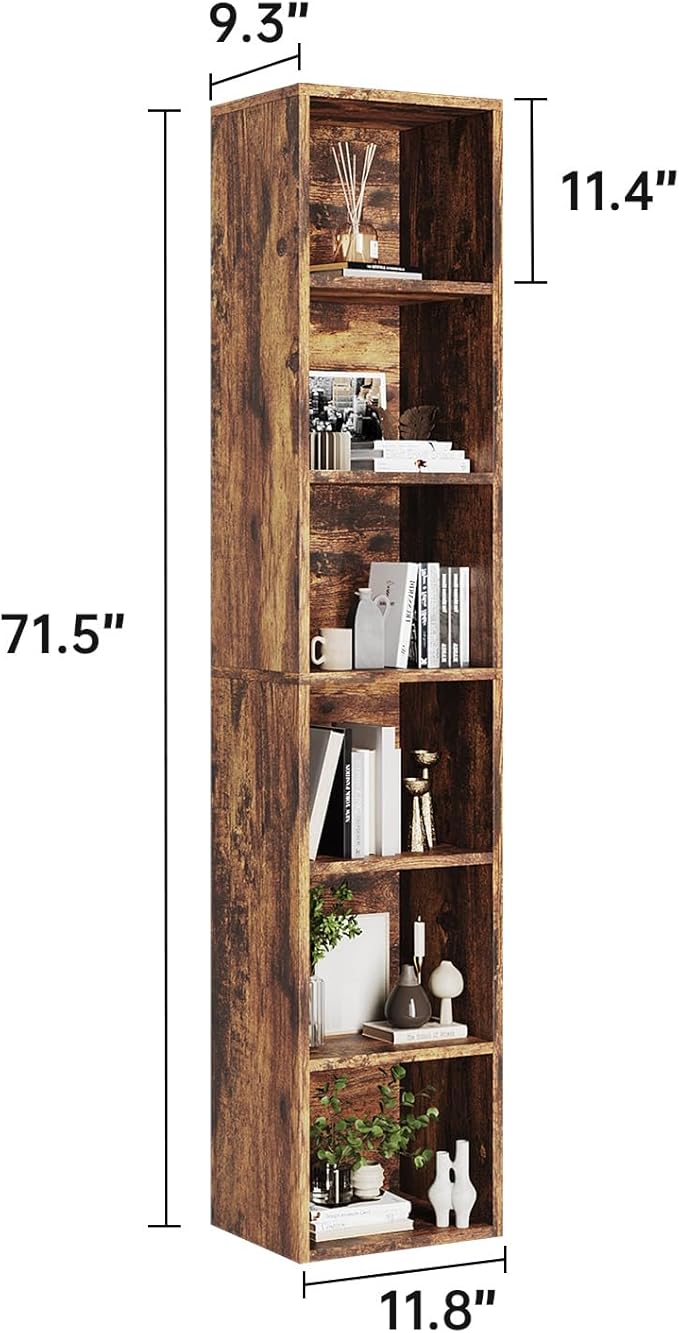 oneinmil 71.5" Tall Narrow Bookshelf, 6-Tier Cube Display Rack, Modern Corner Bookshelf with Storage Space, CD Storage Cabinet for Home Office (Brown 1 Pack, 6-Tier)