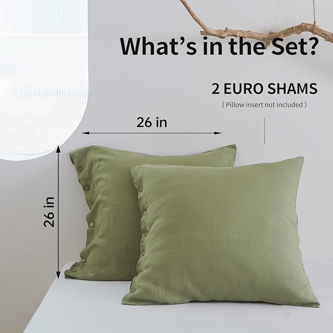 Simple&Opulence 100% Washed Linen Euro Sham Cover, 26 x 26 Inch, Decorative Bed Pillow Cover with Coconut Button, Solid Color Pillow Shams Set of 2 (Sage Green)