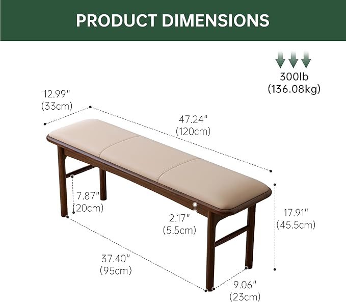 47.2'' Leather Upholstered Dining Bench with 100% Solid Oak Wood Bench Frame, Padded Bed End Bench Ottoman for Kitchen Living Room Bedroom Entryway, Champagne