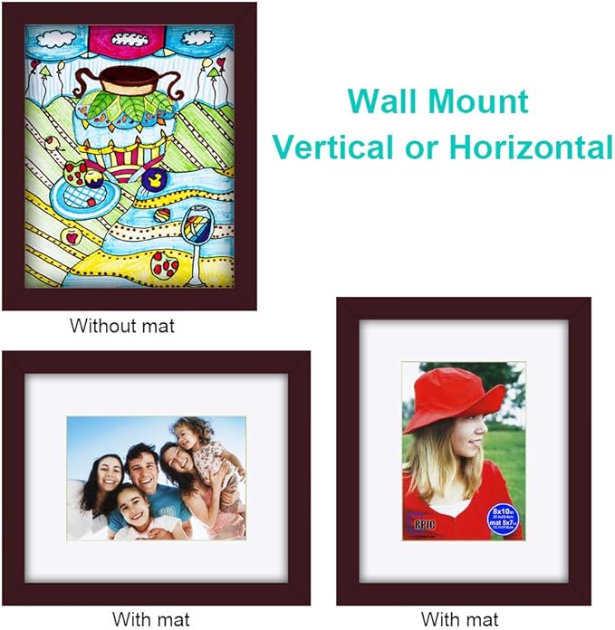 RPJC 8x10 inch Picture Frame Made of Solid Wood and High Definition Glass Display Pictures 5x7 with Mat or 8x10 Without Mat for Wall Mounting Photo Frame Dark Brown