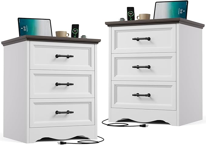 Nightstand Set of 2, Farmhouse Night Stand with Charging Station, White Wood Bedside Table & End Table with 3 Drawers, Side Table Storage Cabinet with Metal Handles for Bedroom, Living Room