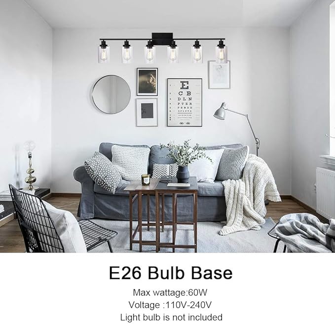 MELUCEE Black Vanity Light Fixture 6-Light Industrial Metal Wall Sconce Bathroom Lighting for Bedroom Hallway Kitchen, Clear Glass Shade Included (Patent No.: US D963914 S)