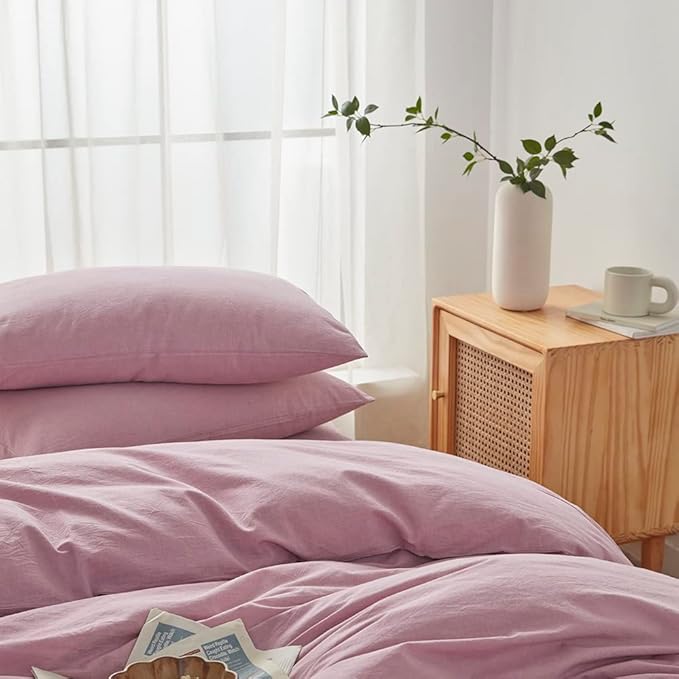 FACE TWO FACE Bedding Duvet Cover Set 3 Pieces 100% Washed Cotton Duvet Cover Linen Like Textured Breathable Durable Soft Comfy (King, Pink Purple.)