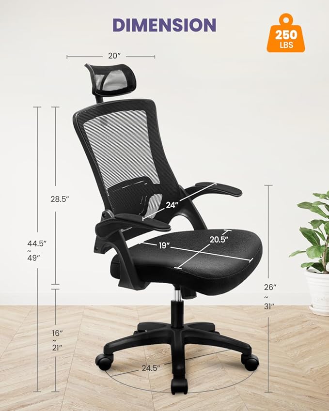 NEO CHAIR Ergonomic Adjustable Home Office Desk Chair High Back Computer Gaming Mesh Chair with Comfy Task Adjustable Arms Lumbar Neck Support Swivel for Home Office (Dark Black)