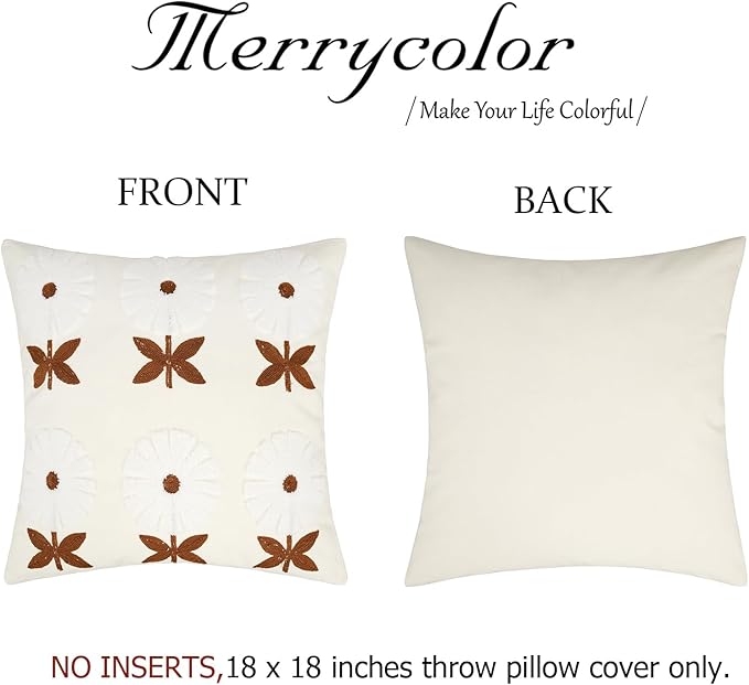 Merrycolor Boho Decorative Throw Pillow Covers 18x18 Embroidered Brown Flower Pillow Covers Textured Square Cushion Case Farmhouse Pillow Covers for Couch Bed,1PC, Beige