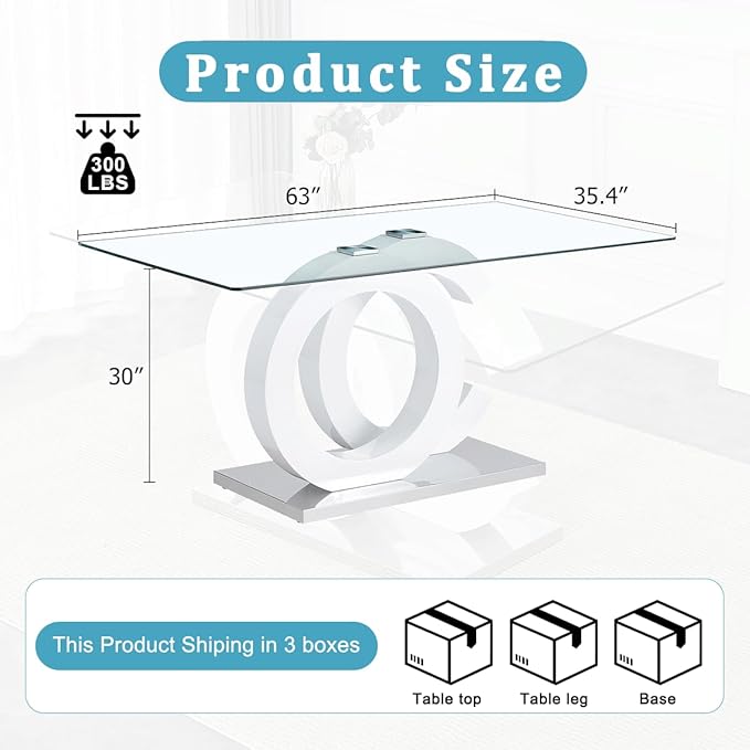 gopop 63'' Glass Dining Table, Modern Kitchen Table, Clear Glass Dinner Table with White Unique Design Leg and Silver Metal Base.(Only Table)